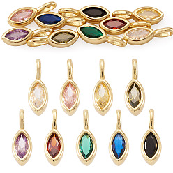 Couleur Mélangete 9 pièces 9 couleurs Breloques œil de cheval en laiton micro-pavé de zircone cubique, crémaillère plaquage, plaqué longue durée, sans cadmium et sans plomb, or, couleur mixte, 12x4x3.5mm, Trou: 3x2mm, 1 pc / couleur