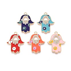 (52) Непрозрачная лаванда Подвески из сплава со стразами и эмалью, рука хамса с оберегом от сглаза, золотые, разноцветные, 33x26x2.3 мм, отверстие : 2 мм