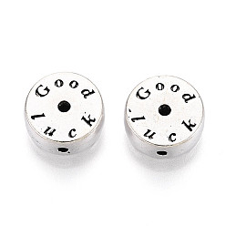 Античное Серебро Сплавочные овальные бусины тибетского стиля , плоский круглый со словом удачи, античное серебро, 10x4 мм, отверстие : 1.2 мм