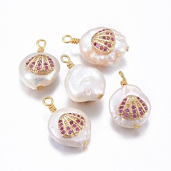 Deep Pink Natural Cultured Freshwater Pearl Pendants, with Brass Micro Pave Cubic Zirconia Findings, Nuggets with Shell, Golden, Deep Pink, 17~26x11~16x5~11mm, Hole: 1.6~2mm