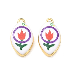 Cerise Printed Brass Pendants, Oval with Tulip Charms, Rack Plating, Long-Lasting Plated, Lead Free & Cadmium Free, Real 18K Gold Plate, Cerise, 22.5x12.5x5mm, Hole: 1.1mm