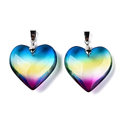 Разноцветный Стеклянные подвески, с платиновой латунных поручительств, сердце, красочный, 38.5~39.5x34~34.5x11~11.5 мм, отверстие : 7x4.5 мм