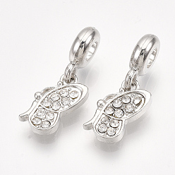 Платина Сплав европейские подвески с подвесками, со стразами, Подвески с большими отверстиями, бабочка, кристалл, платина, 25 мм, отверстие : 4 мм