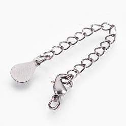 Gunmetal Eco-Friendly Brass Chain Extender, with Lobster Claw Clasps, Cadmium Free & Nickel Free & Lead Free, Long-Lasting Plated, teardrop, Gunmetal, 70~75x3mm, Hole: 2.5mm, Clasps: 10x6x3mm
