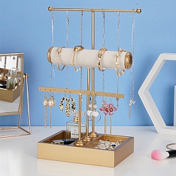 Золотой 3-ярусные железные Т-образные стойки для ювелирных изделий, держатель органайзера для украшений с подносом, для браслетов колье кольца серьги хранение, золотые, 15x20x36 см