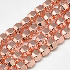Rose Gold Plated Electroplate Non-magnetic Synthetic Hematite Beads Strands, Polygon, Rose Gold Plated, 6x5x5mm, Hole: 2mm, about 78pcs/strand, 15.7 inch