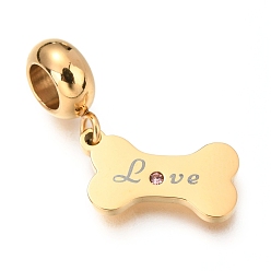 Золотой Ионное покрытие (ip) 304 подвески из нержавеющей стали в европейском стиле, Подвески с большими отверстиями, со стразами, кость со словом любовь, золотые, роза, 25 мм, отверстие : 4 мм