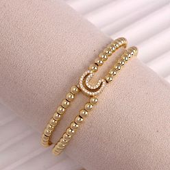 Letter C Браслеты из латуни с микропаве из прозрачных кубических циркониевых бусин, двойные нити, эластичные, для женщин, буква и круг, золотые, буква С, 6.69 дюйм (17 см)