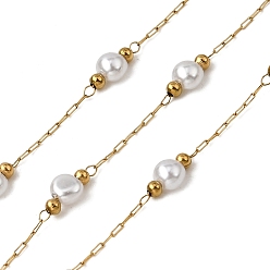 Настоящее золото 18K Ручная работа 304 цепочки из нержавеющей стали и АБС-пластика с круглыми звеньями, украшенные жемчужными бусинами, пайки, с 316 цепями и катушкой из нержавеющей стали, ионное покрытие (ip), реальный 18 k позолоченный, бусины : 4.5 мм