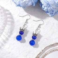 Синий Серьги-подвески из искусственного нефрита, окрашенные методом запекания, корона с круглым, с экологически чистым окрашенным стеклянным перламутром и сплавом, синие, 50.5x10.5 мм