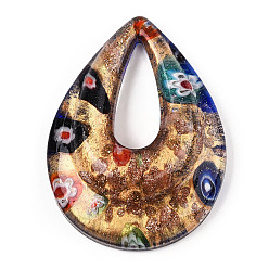 Средно-синий Ручной золотой песок Lampwork большие кулоны, внутри millefiori стекло, слеза, светло-синий, 52.5x39x12 мм, отверстие : 25x10 мм