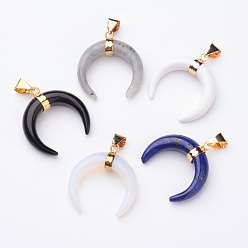 Смешанные камни Природные и синтетические Gemstone подвески, с фурнитурой латунной золотого тона, двойной рог / полумесяц, 35x32x10 мм, отверстие : 4.5x8 мм