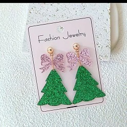 Морско-зеленый Прозрачные акриловые серьги-гвоздики в виде бантика и рождественской елки с блестками., золотые, цвета морской волны, 50x30 мм