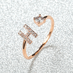 Letter H Манжеты из латуни с микро паве кубический цирконий для женщин, открытые кольца, розовое золото , Письмо ч, внутренний диаметр: 16~19 мм