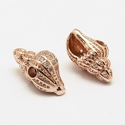 Розовый Позолоченный Латунная микропрофилированная ааа кубический диоксид циркония, раковина, без кадмия, без никеля и без свинца, Настоящее розовое золото покрыто, 13x7x6.8 мм, отверстие : 2 мм