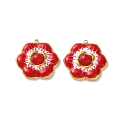 Красный Крашеные натуральный белый нефрит подвески, 304 подвески-цветы из нержавеющей стали с эмалью, реальный 18 k позолоченный, вакуумное покрытие pvd, красные, 22x22.5x5 мм, отверстие : 1.4 мм