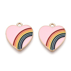 Pink Light Gold Plated Alloy Pendants, with Enamel, Cadmium Free & Lead Free, Heart, Pink, 20x18x1.5mm, Hole: 1.8mm