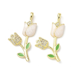 Белый Латунь микропаве фианиты с подвесками из эмали, цветок, реальный 18 k позолоченный, белые, 28x15x2.5 мм, отверстие : 2x3.5 мм