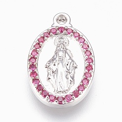 Платина Латунные подвески, с кубического циркония, без свинца, без кадмии и без никеля, долговечный, овальные с рисунками " virgin mary", фиолетовые, платина, 21.5x13x3 мм, отверстие : 1.2 мм