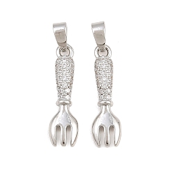 Platinum Brass Micro Pave Clear Cubic Zirconia Pendants, Fork Charms, Platinum, 20x5x3mm, Hole: 5x3mm