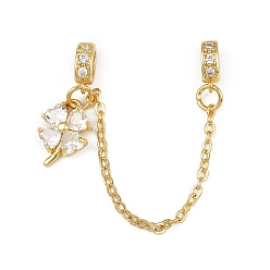 Клевер Латунные паве прозрачные кубические цирконии европейские защитные цепи с подвесками, долговечный, стойки покрытие, золотые, клевер, 83 мм, отверстие : 5x3 мм, клевер: 13.5x9.5x3 мм