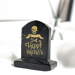 Обсидиан Тема Хэллоуина натуральный обсидиан скульптура витрина украшения, для домашнего офисного стола, форма надгробия, Рисунок черепа, 62x56 мм