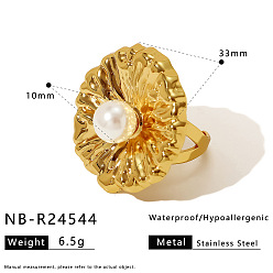 Золотой 304 Открытые кольца-манжеты из нержавеющей стали с имитацией жемчуга для женщин, цветок, золотые, размер США 4 1/4 (15 мм)