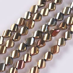 Rainbow Plated Electroplate Glass Beads Strands, Twist, Rainbow Plated, 7~7.5x6.3~6.5x4~6.3mm, Hole: 0.8~1.2mm, about 40pcs/strand, 10.78 inch~11.61 inch(27.4~29.5cm)