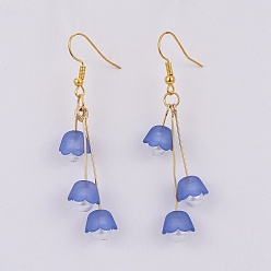 Royal Blue Flower Transparent Acrylic Dangle Earrings, with Imitated Pearl Acrylic Beads and Brass Earring Hooks, Golden, Royal Blue, 60~61mm, Pin: 0.6mm