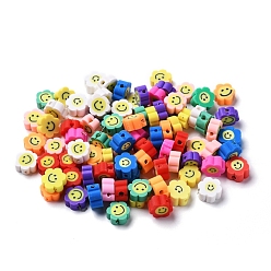 Mixed Color Handmade Polymer Clay Beads, Flower with Smile Face, Mixed Color, 9.5~10x4.5mm, Hole: 1.2mm, 100pcs/set
