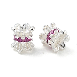 Серебро 6-лепестковые латунные двухсторонние колпачки с микропаве из кубического циркония, долговечный, колонке с цветком, серебряные, 5.5x5.5 мм, отверстие : 1.5 мм