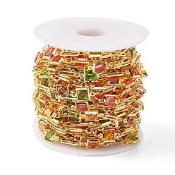 Colorful Handmade Brass Oval & Square Link Chain, with Glass Beaded, Real 18K Gold Plated, Lead Free & Cadmium Free, Soldered, with Spool, Colorful, 12x6.5x2.5mm, 10x2.5x0.5mm