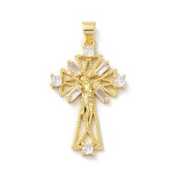 Настоящее золото 18K Латунные микропаве прозрачные подвески с фианитом, без кадмия, без никеля и без свинца, крестик, реальный 18 k позолоченный, 33x20x3.5 мм, отверстие : 4x3.5 мм