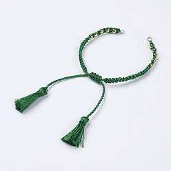 Green Polyester DIY Braided Bracelet Making, with Brass Findings and Tassel, Green, 9-7/8 inch(250mm), 5mm, Hole: 2mm, Tassels: 24x5mm