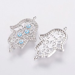Platine Micro cuivres ouvrent liens de zircons, hamsa main / main de fatima / main de miriam avec mauvais oeil, platine, 27x17x2mm, Trou: 1mm