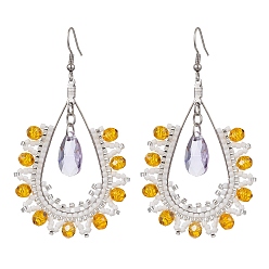 Золотистый Серьги-капли из бисера ручной работы из стекла, 304 из нержавеющей стали болтаться серьги, платина, золотые, 75x40.5 мм