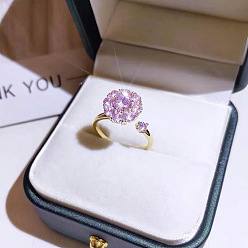 Фиолетовый Манжеты из латуни с микро паве кубический цирконий для женщин, цветок, золотые, фиолетовые, размер США 4 1/4~14 (15~23 мм)