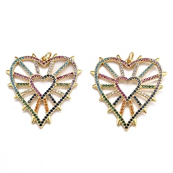Colorful Brass Micro Pave Clear Cubic Zirconia Pendants, Real 18K Gold Plated, Long-Lasting Plated, Heart, Colorful, 34.5x32.5x2mm, Hole: 3.4mm, jump ring: 5x0.8mm