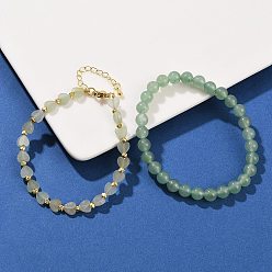 Зеленый Авантюрин Комплект браслетов из натурального зеленого авантюрина для женщин, сердце и круглый, с латунной бисера, реальный 18 k позолоченный, долговечный, стойки покрытие, внутренний диаметр: 2-1/8 дюйм (5.5 см) и 7-1/4 дюйм (18.5 см)