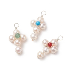 Смешанные камни Подвески из медной проволоки из смешанных натуральных и синтетических драгоценных камней, религия крест прелести, с культивированным пресноводным жемчугом, серебро , 31~33x16~17x8~9 мм, отверстие : 3~3.5 мм