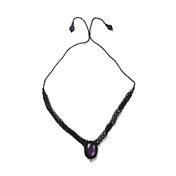 Аметист Колье с овальной подвеской из натурального аметиста, колье-колье с плетеными восковыми нитями, 25.83 дюйм (65.6 см)