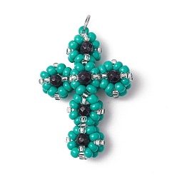 чирок Подвески-кресты из стеклянного бисера, с 304 петлей из нержавеющей стали и синтетическими синими бусинами из авантюрина, цвет нержавеющей стали, зелено-синие, 38x27x11 мм, отверстие : 4.5 мм