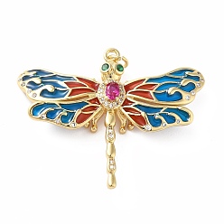 Стально-синий Стойка металлическая латунная микропрофилированная кубическая циркония подвески, с эмалью, реальный 18 k позолоченный, долговечный, без свинца и без кадмия, стрекоза, стальной синий, 31.5x40x6 мм, Перейти кольцо: 5x0.8 мм, 3.4 мм внутренним диаметром