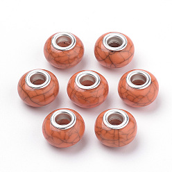 Коралловый Европейские бусины из искусственной бирюзы из смолы, бусины с большим отверстием, с серебряного цвета латуни двойные сердечники, рондель, коралл, 14x9.5 мм, отверстие : 5 мм