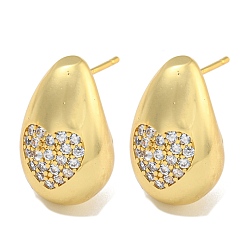 Heart Rack Plating Brass Micro Pave Clear Cubic Zirconia Stud Earring, Cadmium Free & Lead Free, Long-Lasting Plated, Teardrop, Real 18K Gold Plated, Heart, 19x12mm
