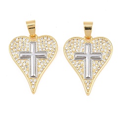 Платиновый & Золотой Латунные микро проложить кубического циркония подвески, сердце с крестными прелестями, платиной и золотом, 26.5x20.5x3 мм, отверстие : 4.5x3 мм