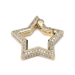 Real 18K Gold Plated Brass Micro Pave Clear Cubic Zirconia Spring Gate Rings, Long-Lasting Plated, Star, Real 18K Gold Plated, 22x23.5x3.5mm