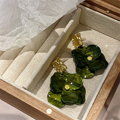 Темно-оливково-зеленый Серьги-гвоздики из акрила и сплава, цветок, золотые, темно-оливковый зеленый, 60 мм