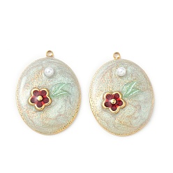 Светло-Синий 304 подвески из нержавеющей стали, овальные с цветком, с эмалью и абс пластика имитация жемчуга, реальный 18 k позолоченный, голубой, 27x20x5.5 мм, отверстие : 1.5 мм