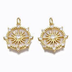 Real 16K Gold Plated Brass Micro Pave clear Cubic Zirconia Pendants, with Shell and Jump Rings, Nickel Free, Flat Round with Star, Real 16K Gold Plated, 22x19x4mm, Hole: 3x5mm